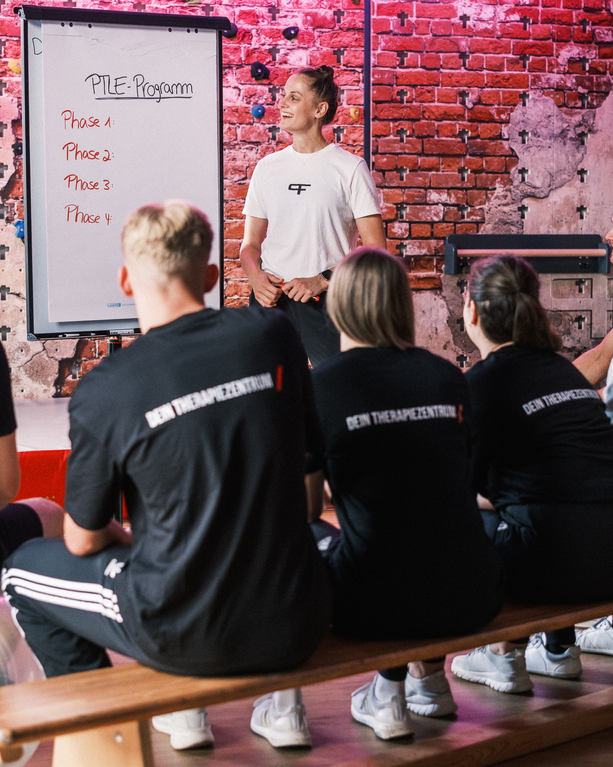 Eine Trainerin steht vor einem Flipchart und erklärt einem sitzenden Team ein Therapieprogramm